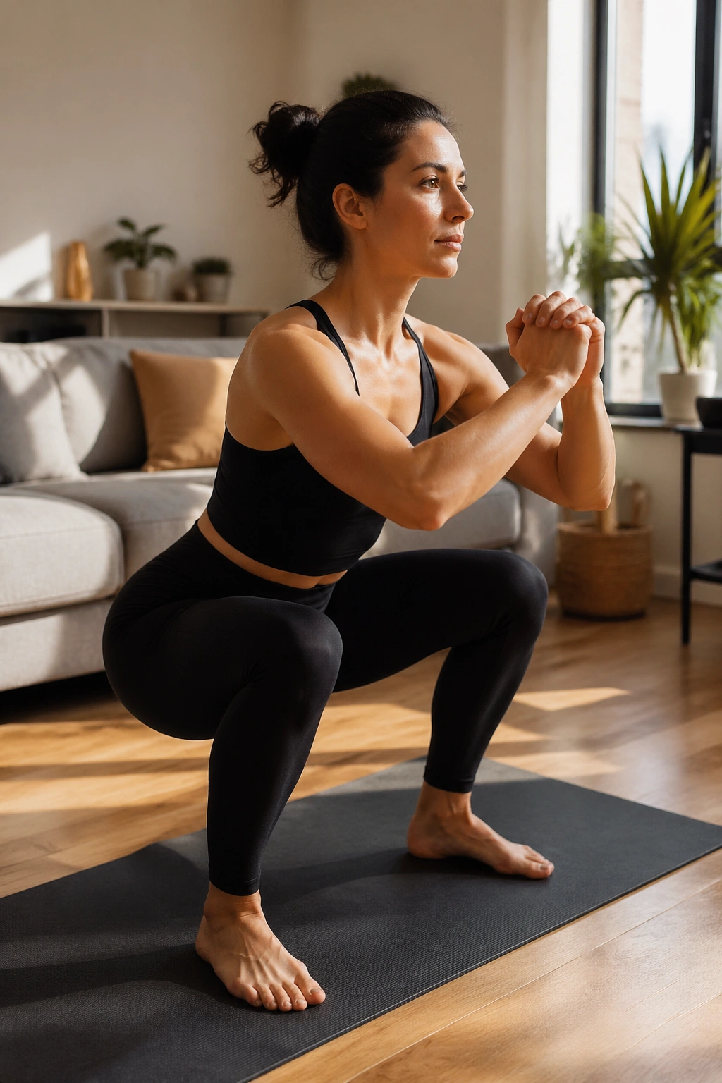 Close-up of a woman performing a bodyweight squat on a yoga mat in a cozy living room
