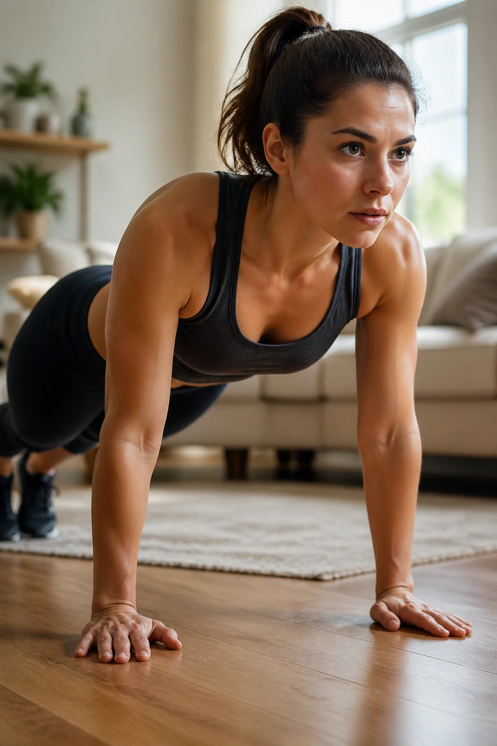 Medium close-up of a person holding a plank in a home workout