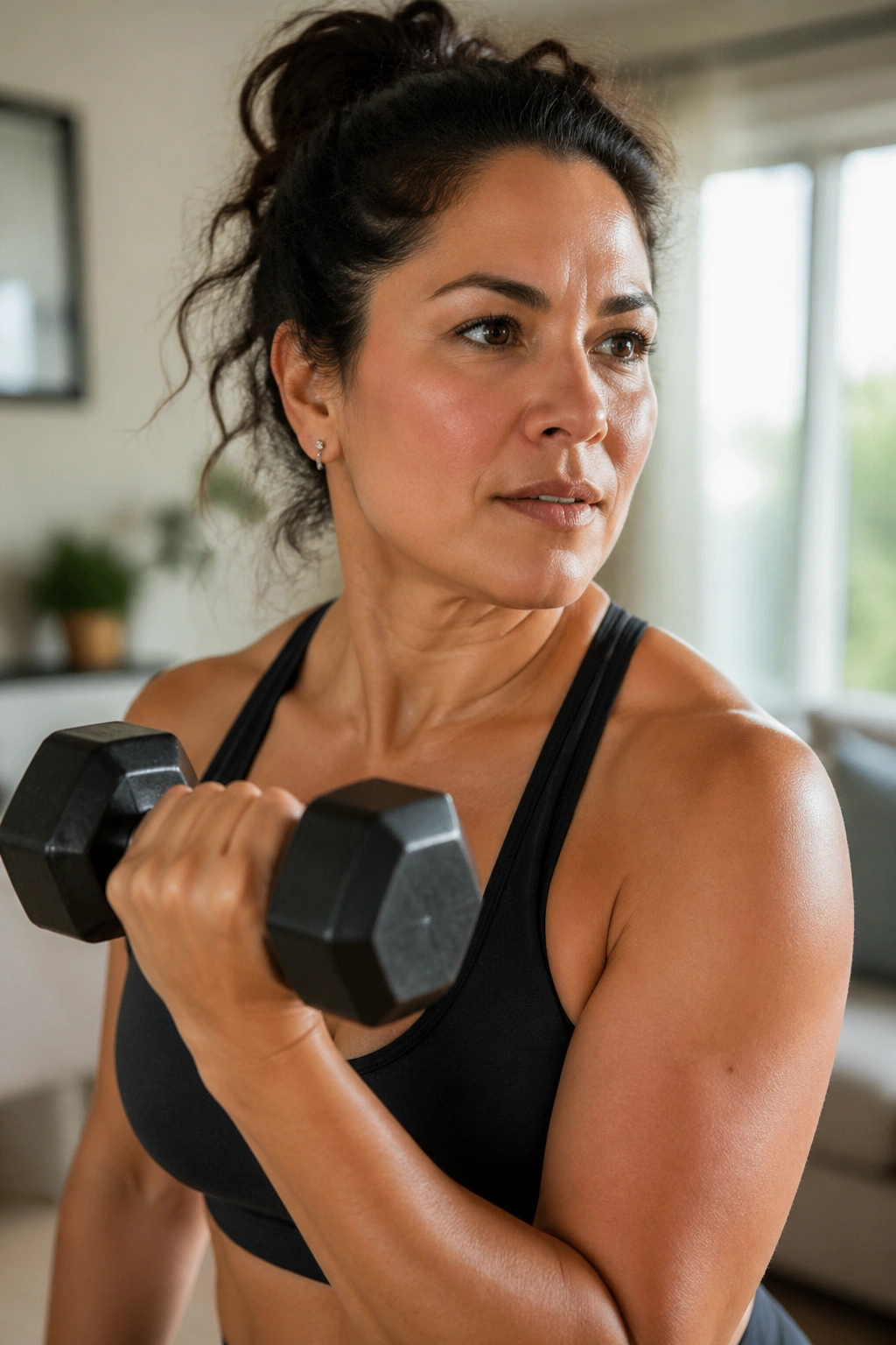 Portrait of a real person performing a simple home workout in a bright living room.