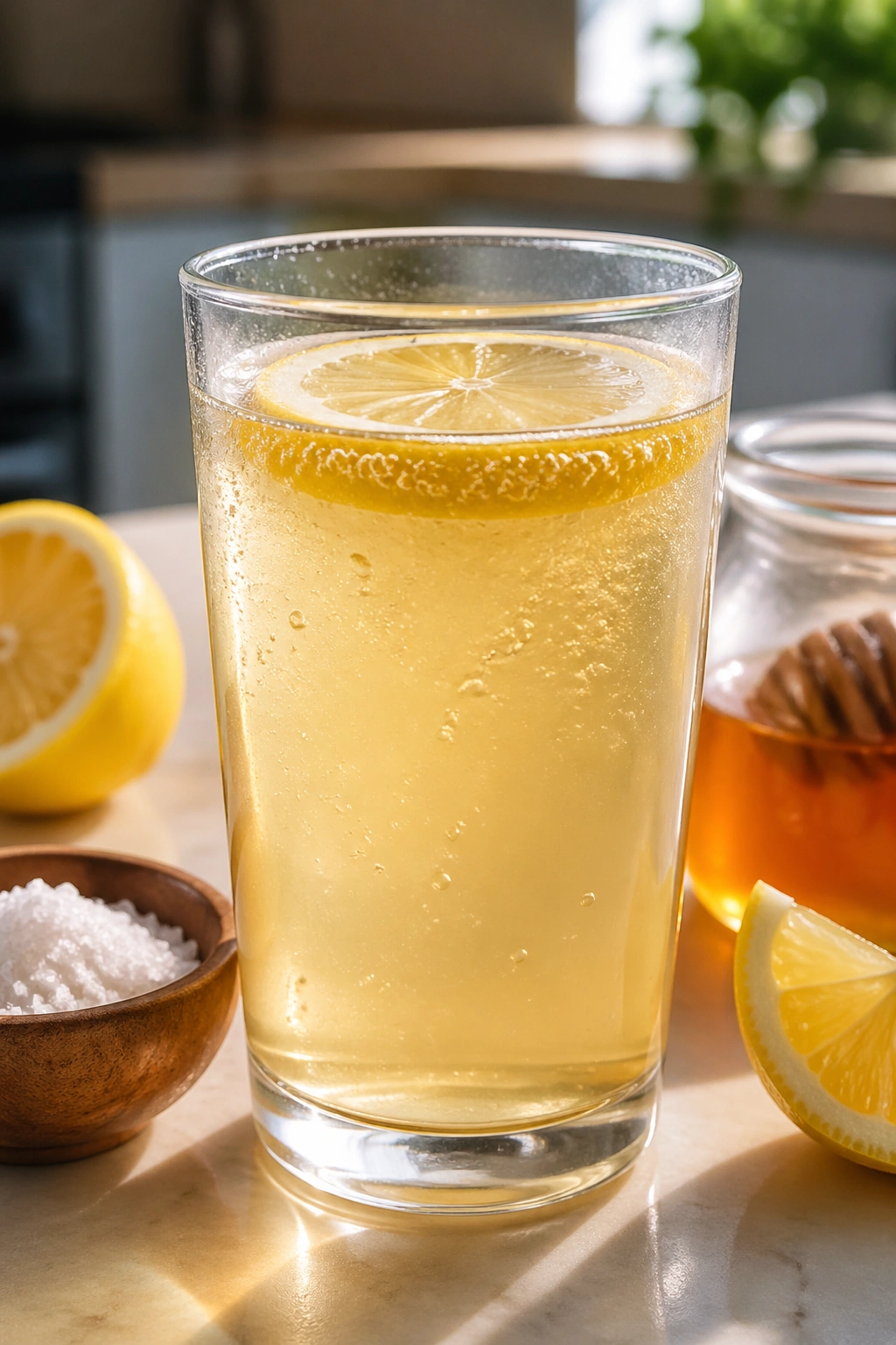 Glass of honey lemon salt water on a bright kitchen counter