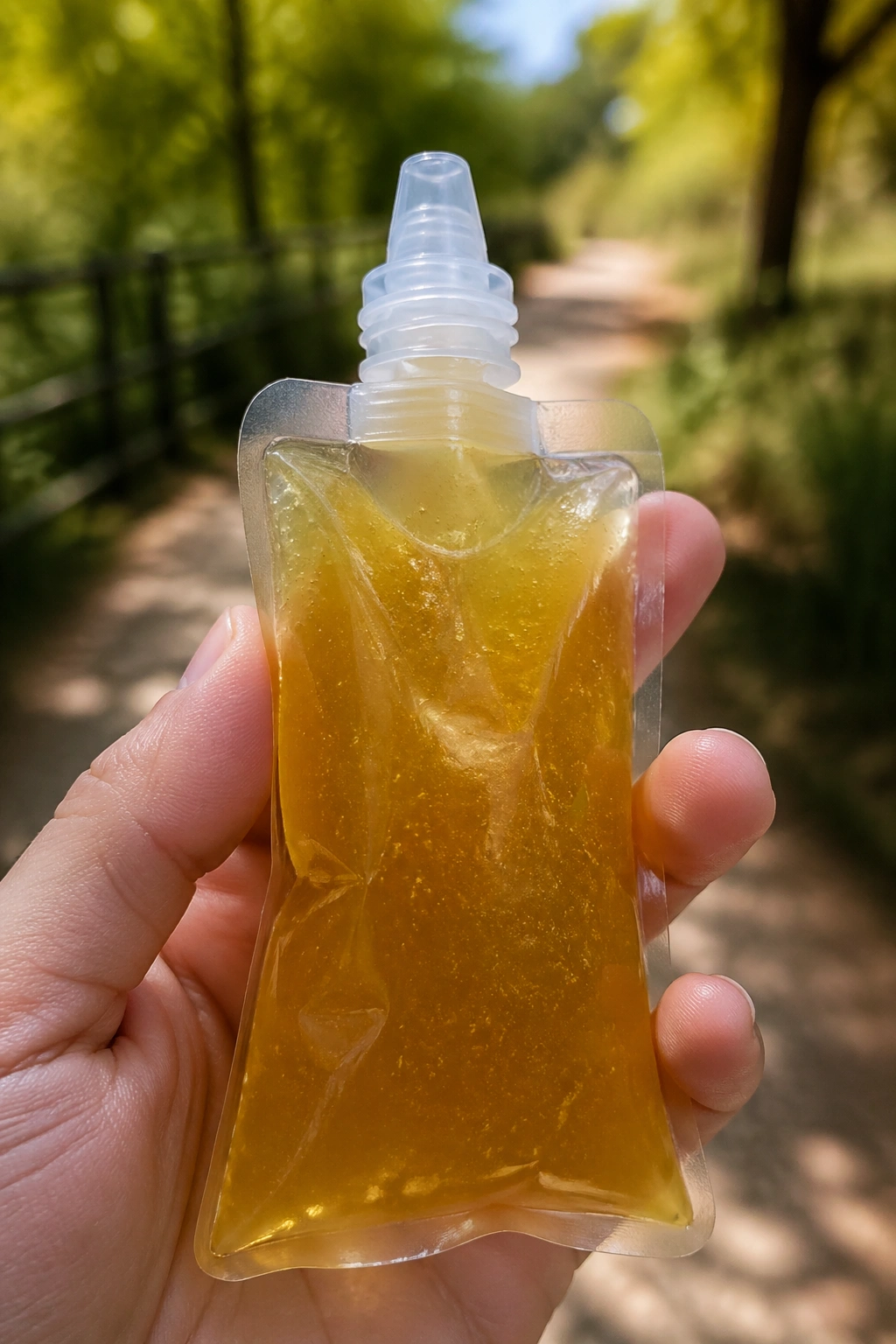 Close-up of honey lime running gel in a clear flask on an outdoor path