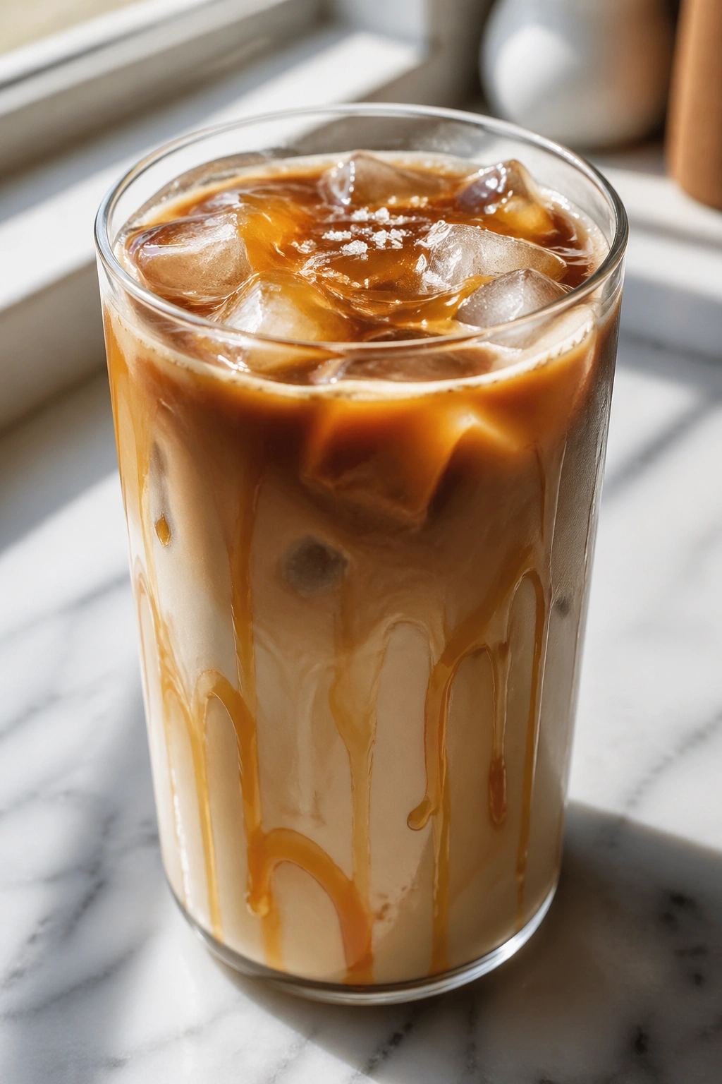 Iced latte with honey swirl and salt crystals