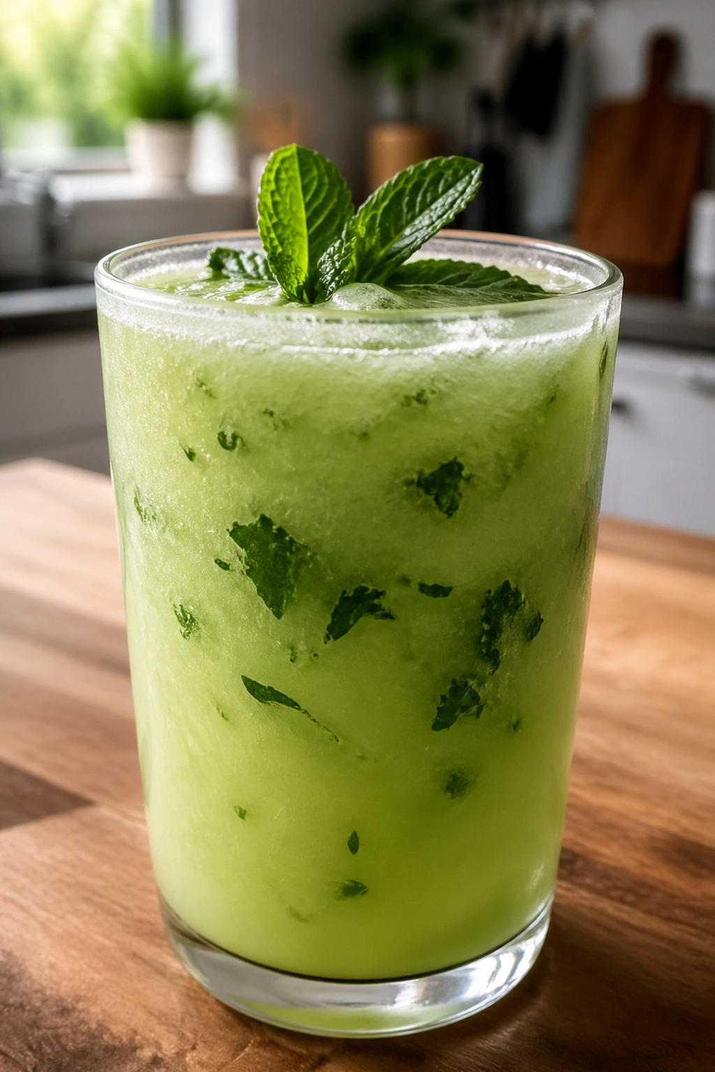 Close-up of honeydew cucumber mint juice in a glass on a sunny kitchen counter