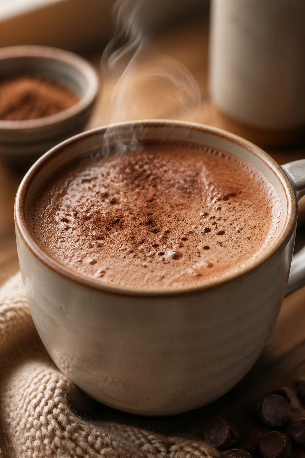 Close-up of Hot Cocoa Protein Latte in a mug with steam