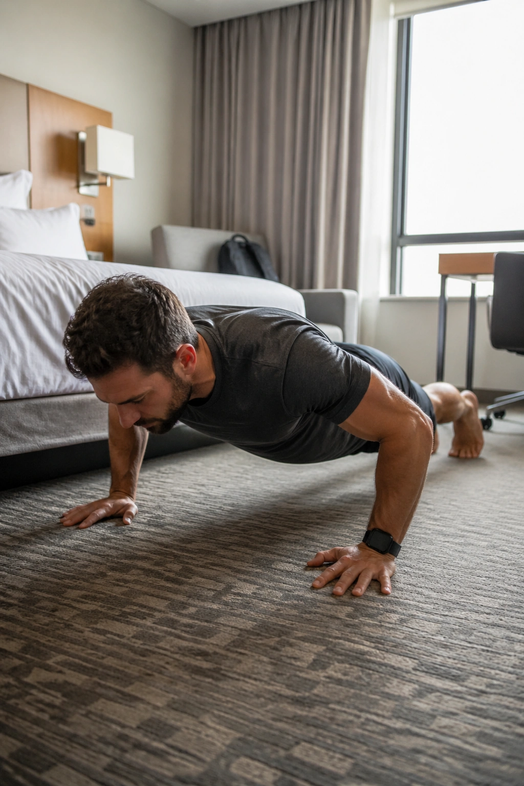 Person doing push-ups in a hotel room