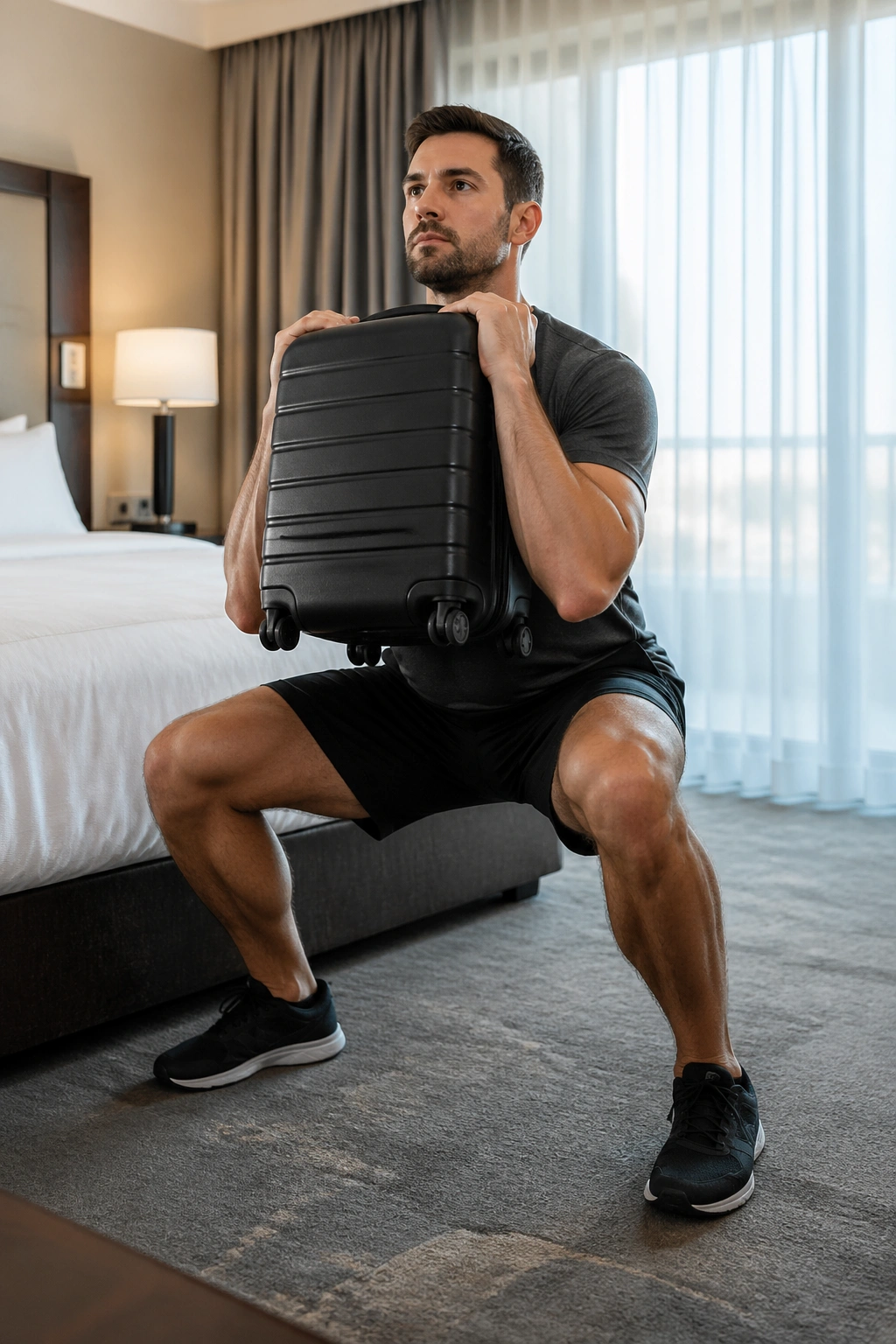 Full-body shot of person doing suitcase front squats in hotel room