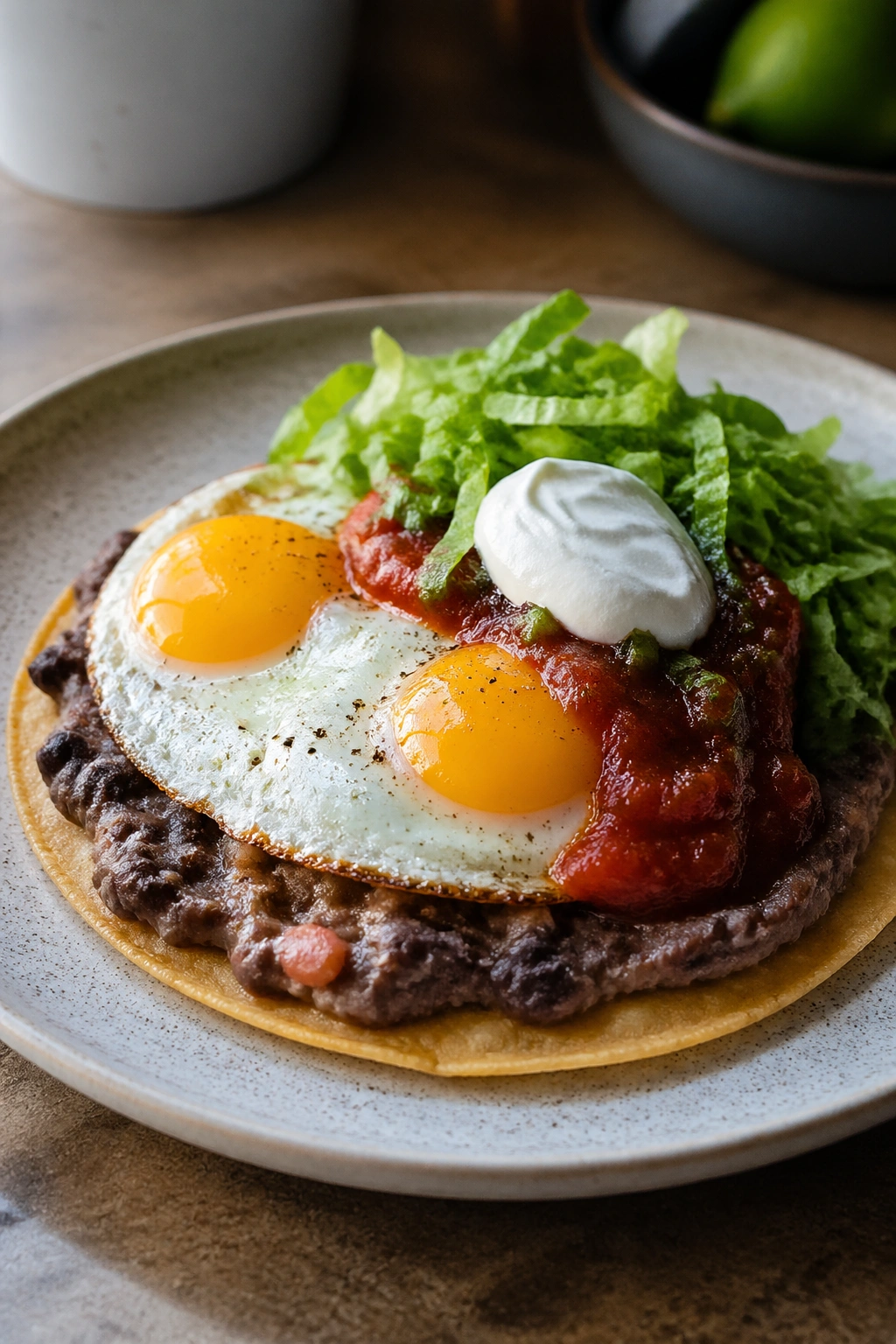 Huevos rancheros plate with beans, eggs, and salsa for a light breakfast