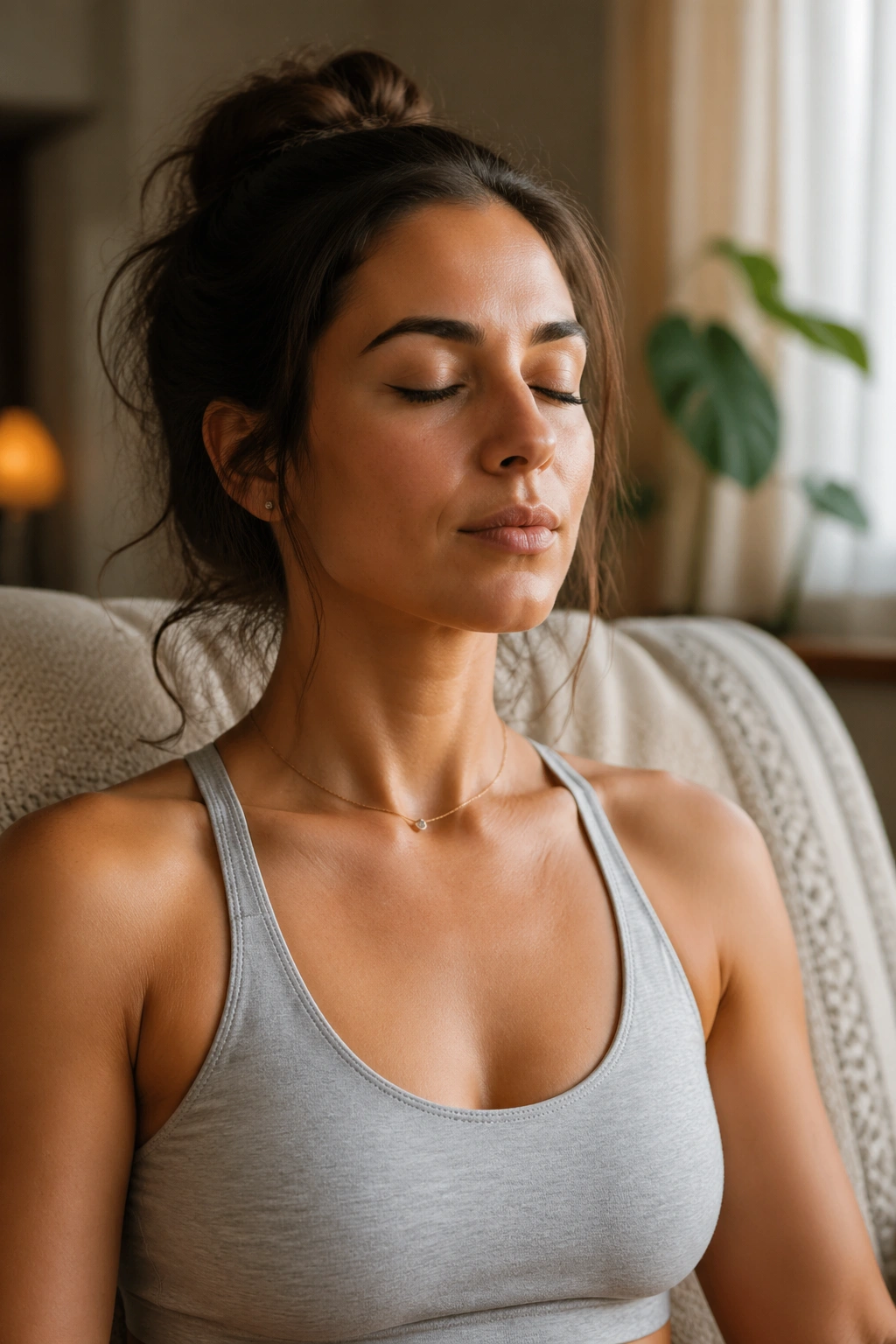 Portrait of a person in a comfortable seat with lips closed to suggest humming bee breath