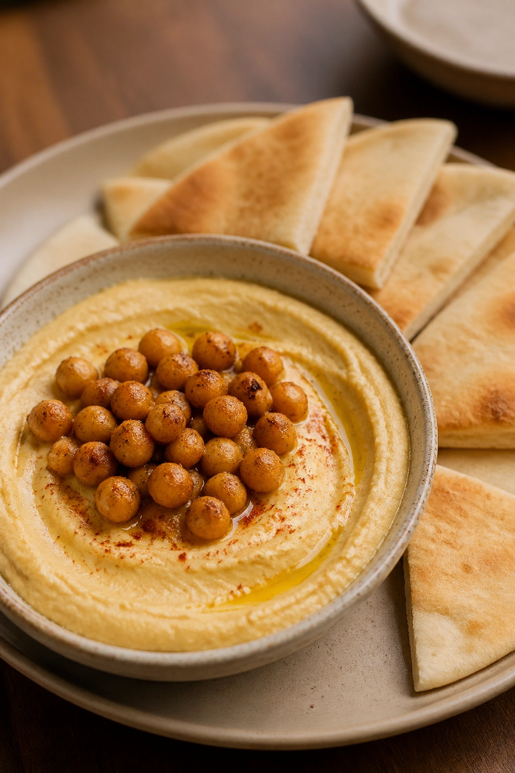 Hummus with roasted chickpeas and pita wedges on a plate