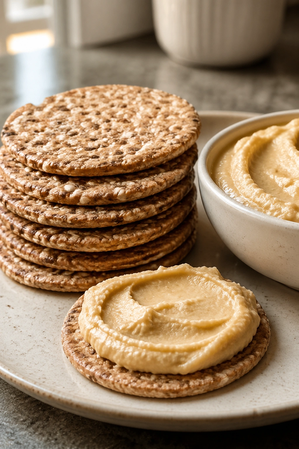 Hummus on crackers on a plate in a bright kitchen