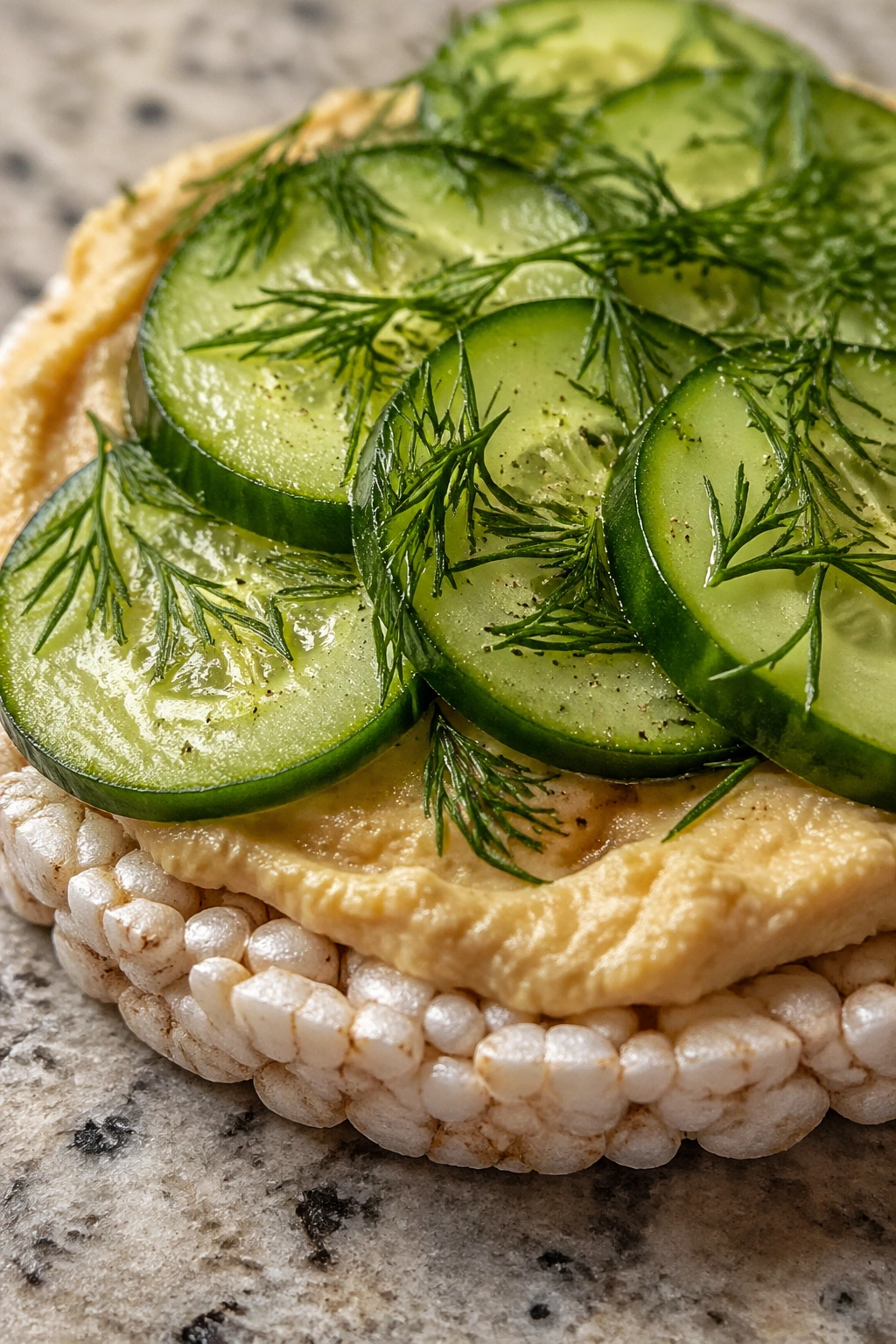 Rice cake with hummus, cucumber slices, and dill