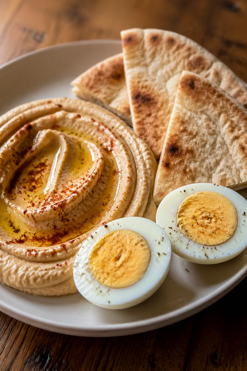 Plate of hummus with hard-boiled eggs and pita wedges
