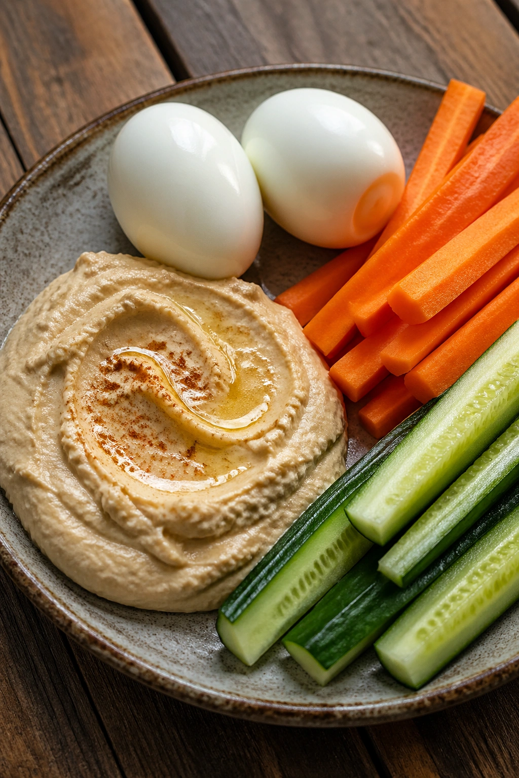 Hummus with boiled eggs and veggie sticks