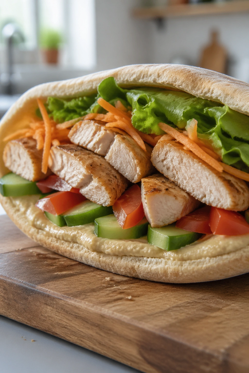 Pita stuffed with hummus, chicken and veggies for recovery meal