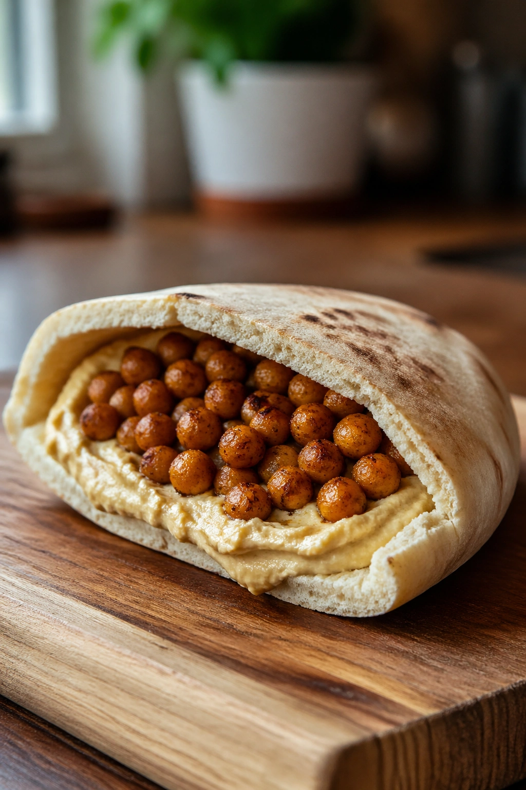 Pita filled with hummus and roasted chickpeas on a wooden board