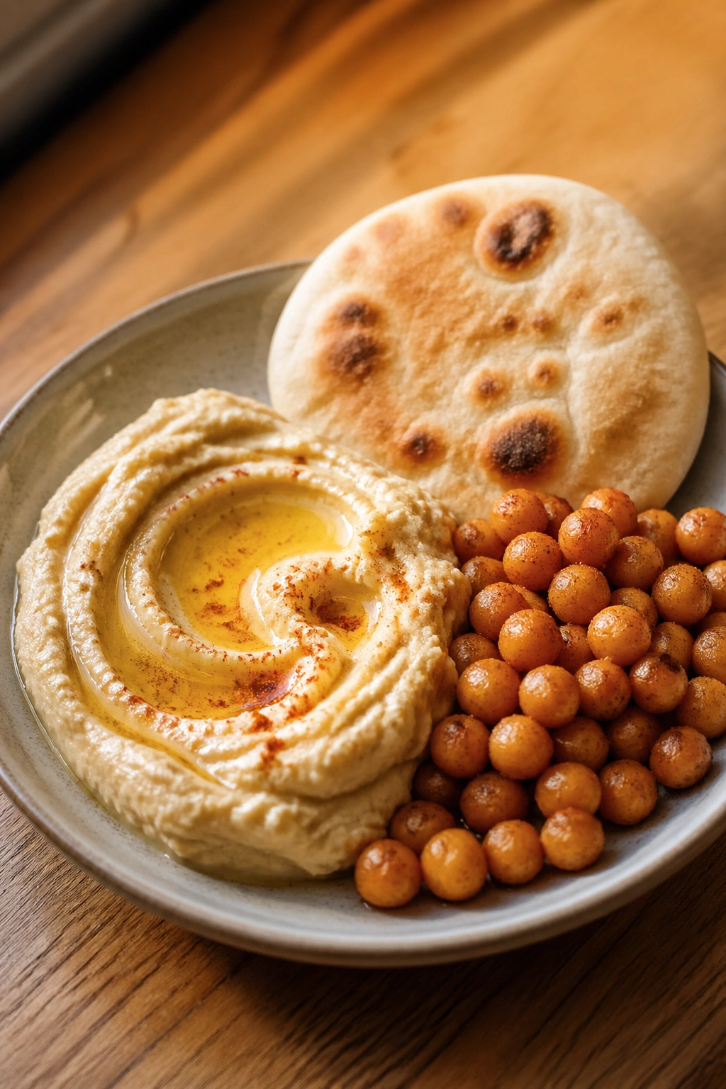 Plate with hummus, pita, and roasted chickpeas on wood
