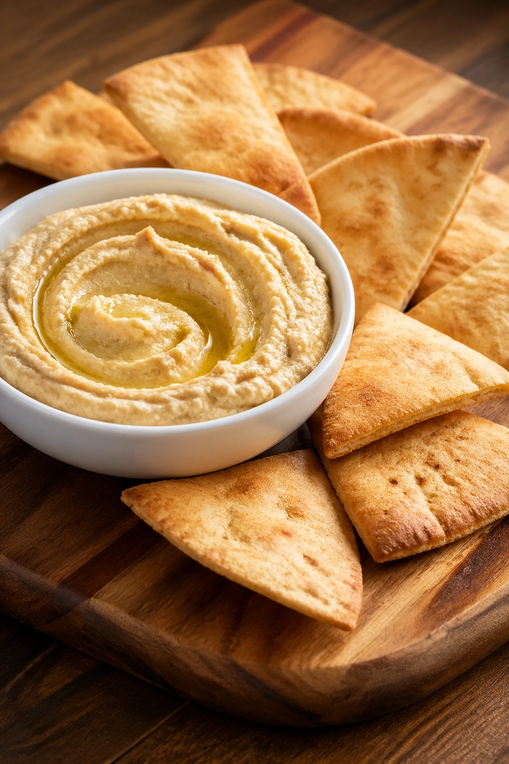 Close-up of hummus with pita chips on a wooden board for a balanced pre-workout snack.