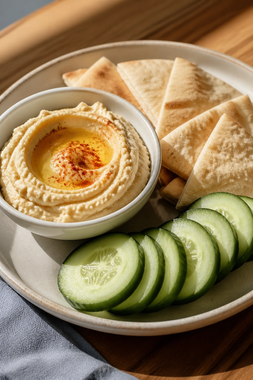 Close-up plate with hummus, pita triangles, and cucumber slices on a wooden table
