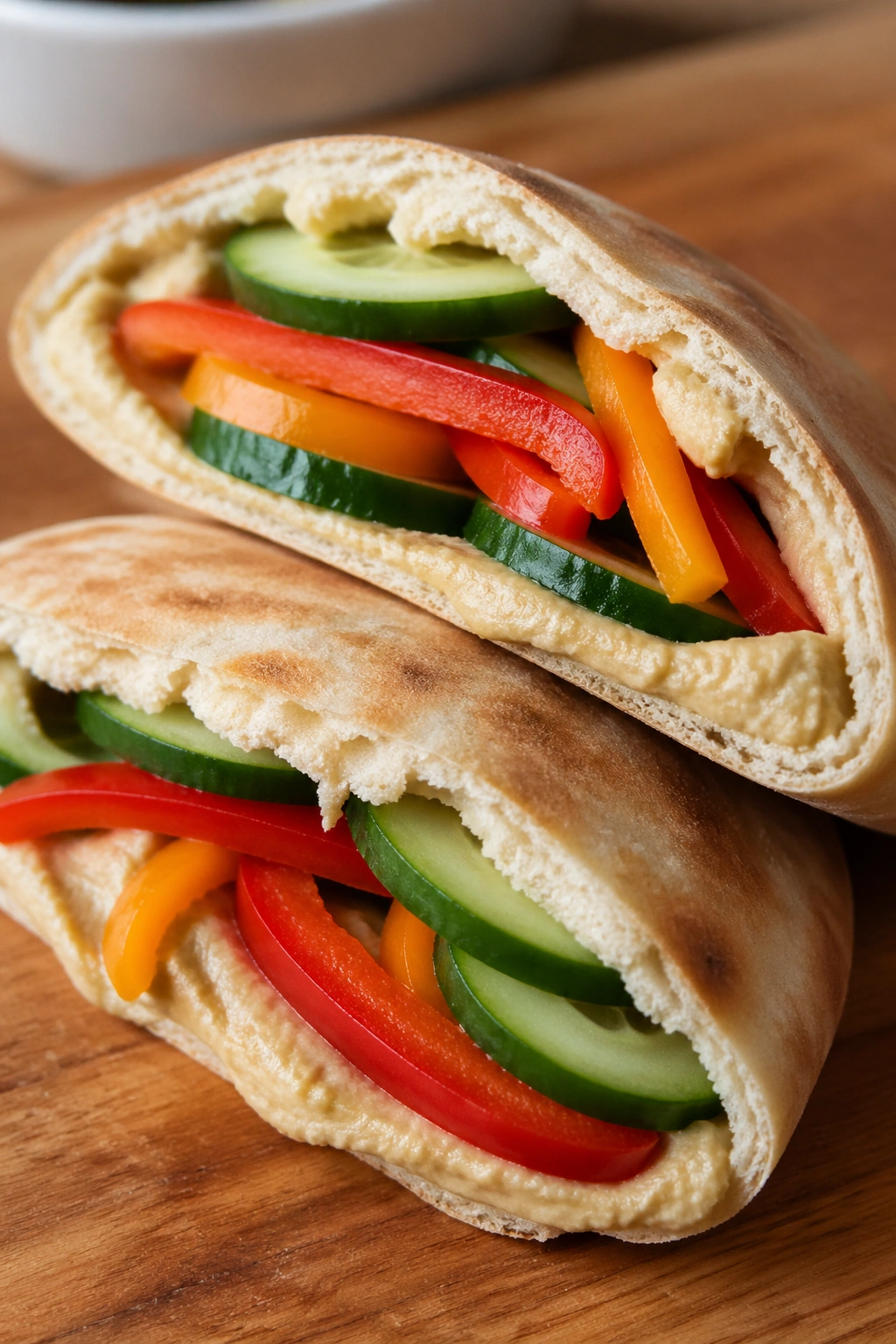 Close-up of hummus pita with cucumbers and peppers.