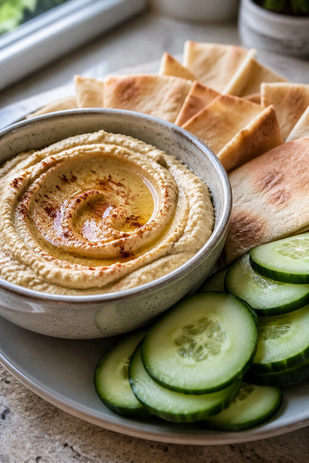 Close-up hummus with pita and cucumber on kitchen counter