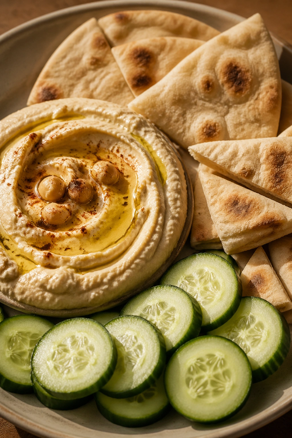 Plate of hummus with pita and cucumbers, post-workout snack