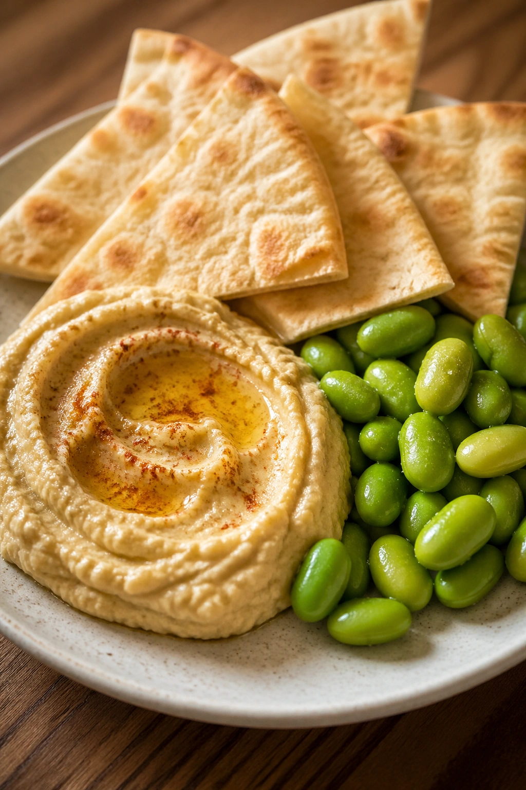 Plate with hummus pita and edamame arranged