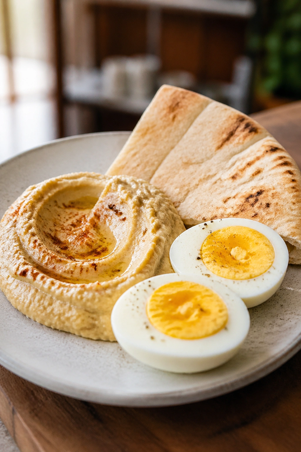 Hummus, pita, and boiled eggs on plate