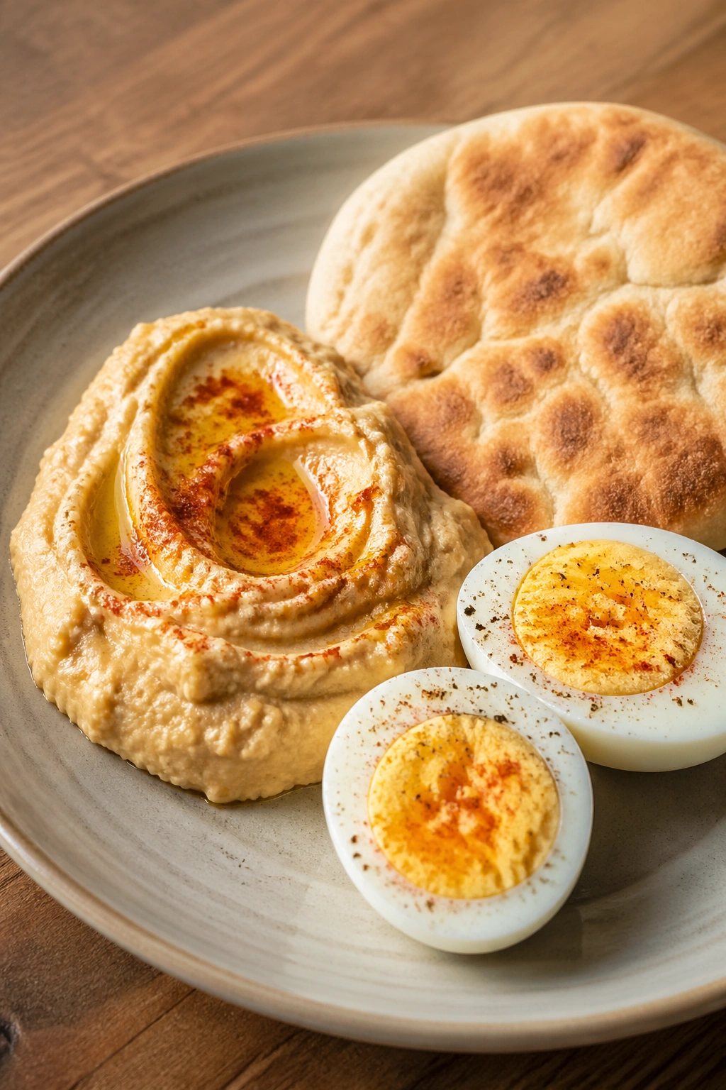 Plate with hummus, pita, and hard-boiled eggs