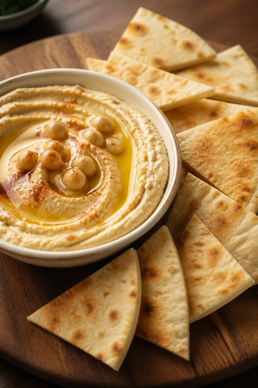 Hummus with pita wedges on a wooden surface