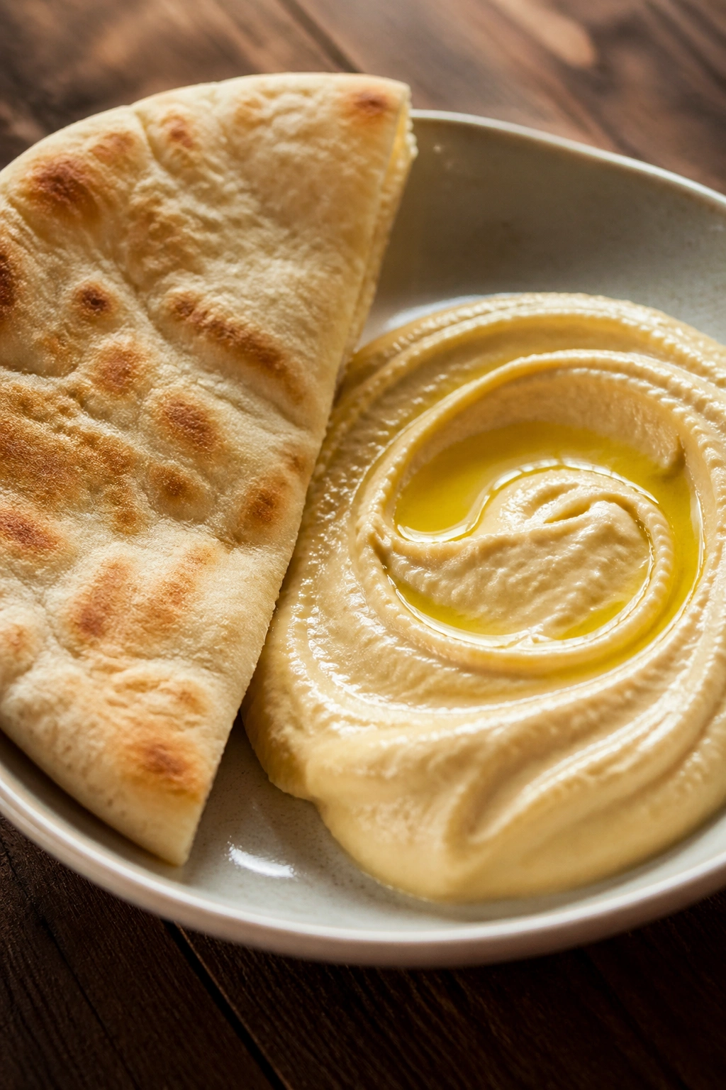 Close-up of hummus with pita on a wooden table