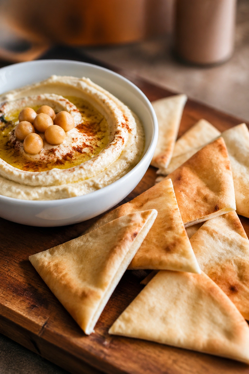 Close-up of hummus with pita triangles on a wooden board