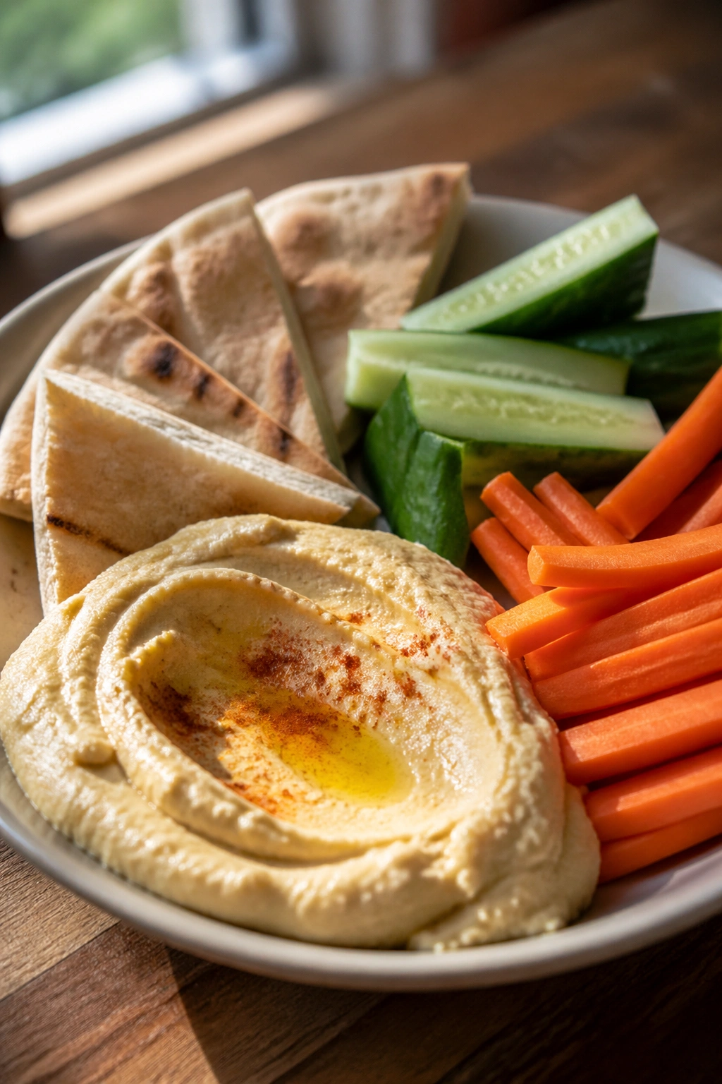 Plate with hummus, pita triangles, and crunchy vegetables in natural kitchen light