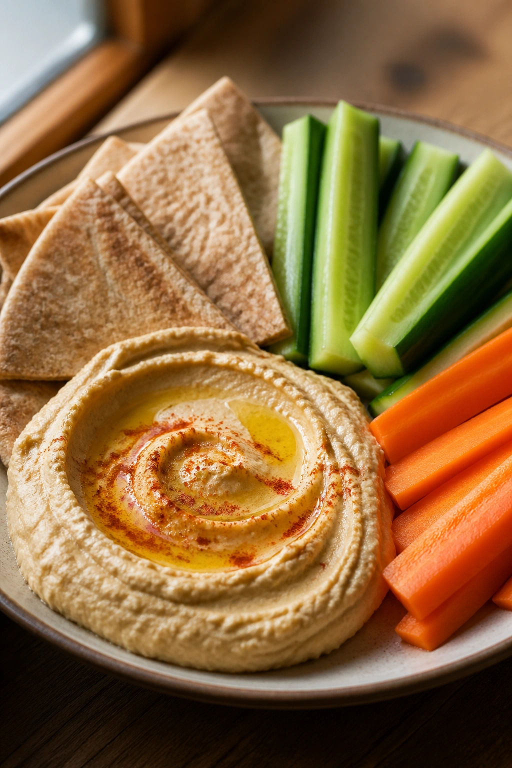 Close-up of hummus with pita and crunchy veggies on a kitchen counter.