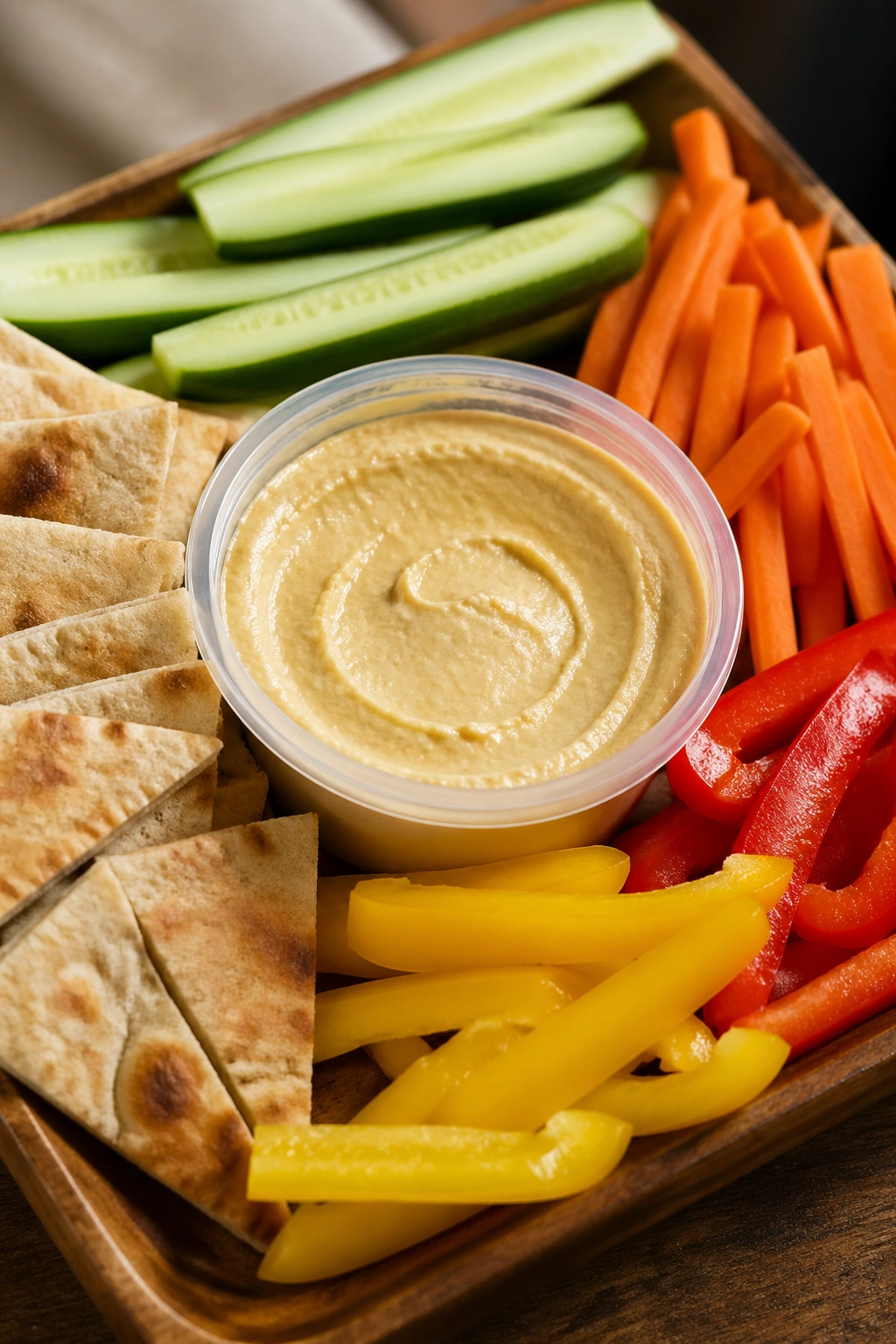 Close-up of hummus cup with pita wedges and crunchy veggie sticks on a wooden surface.