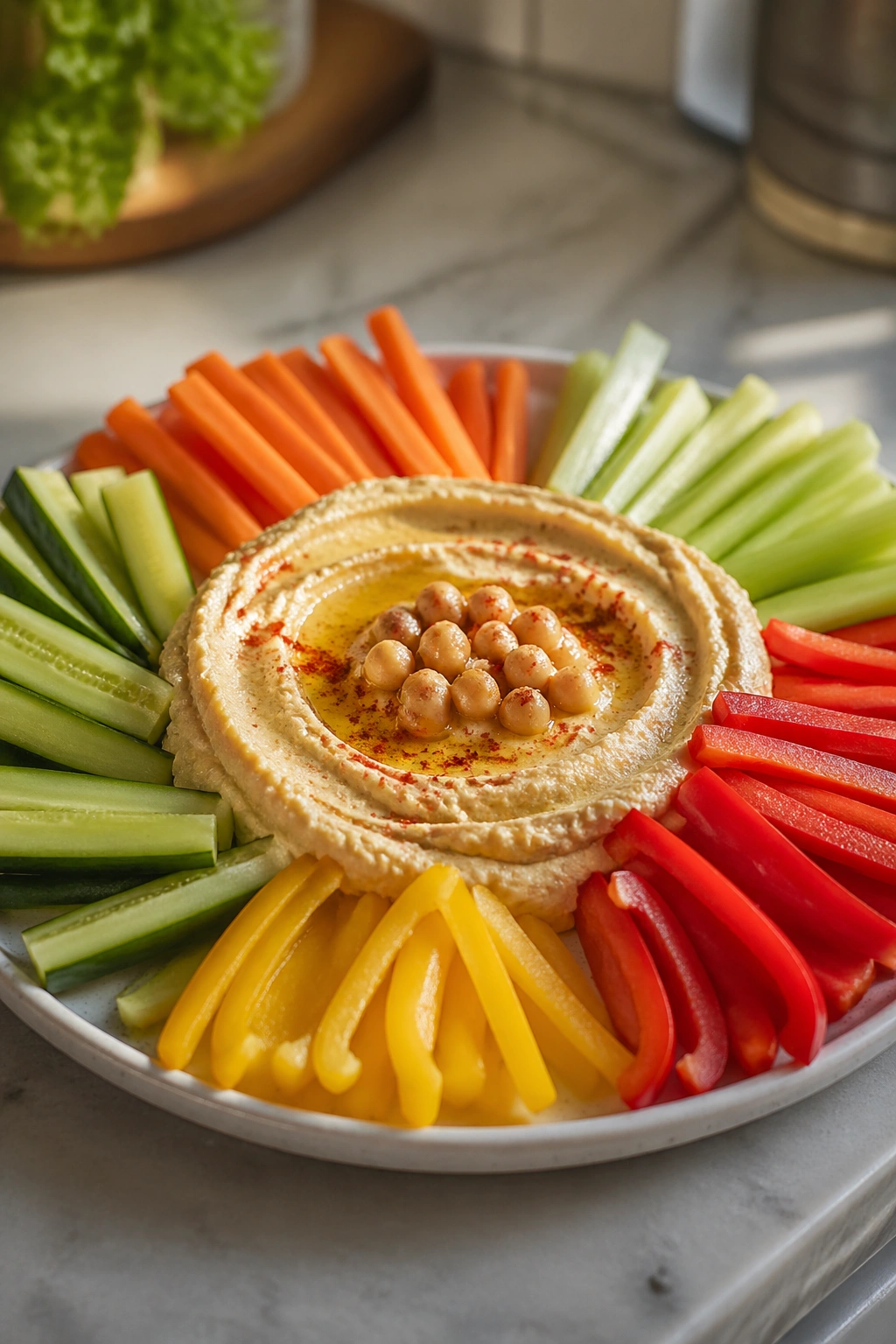 Plate of hummus with assorted crunchy vegetables