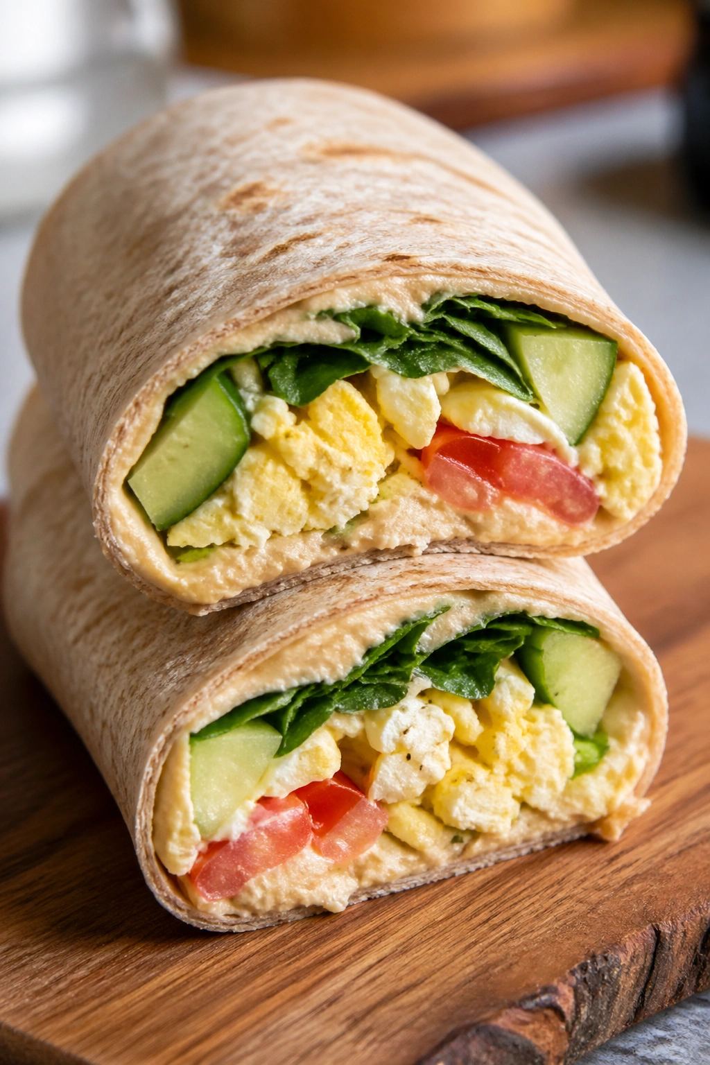 Close-up of a savory hummus and egg breakfast wrap cut in half to show filling