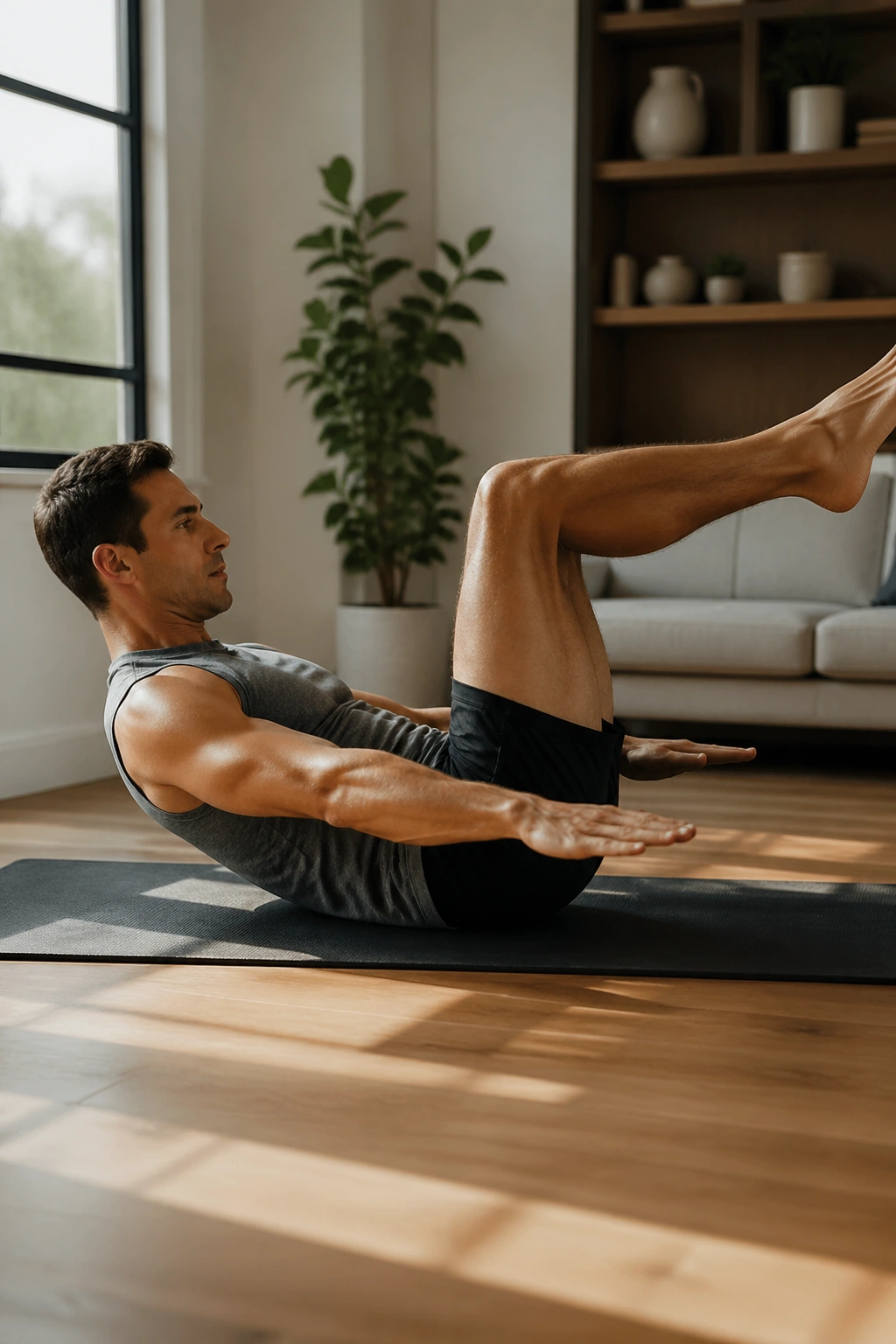 Mid-torso shot of a person doing the hundred Pilates exercise on a mat