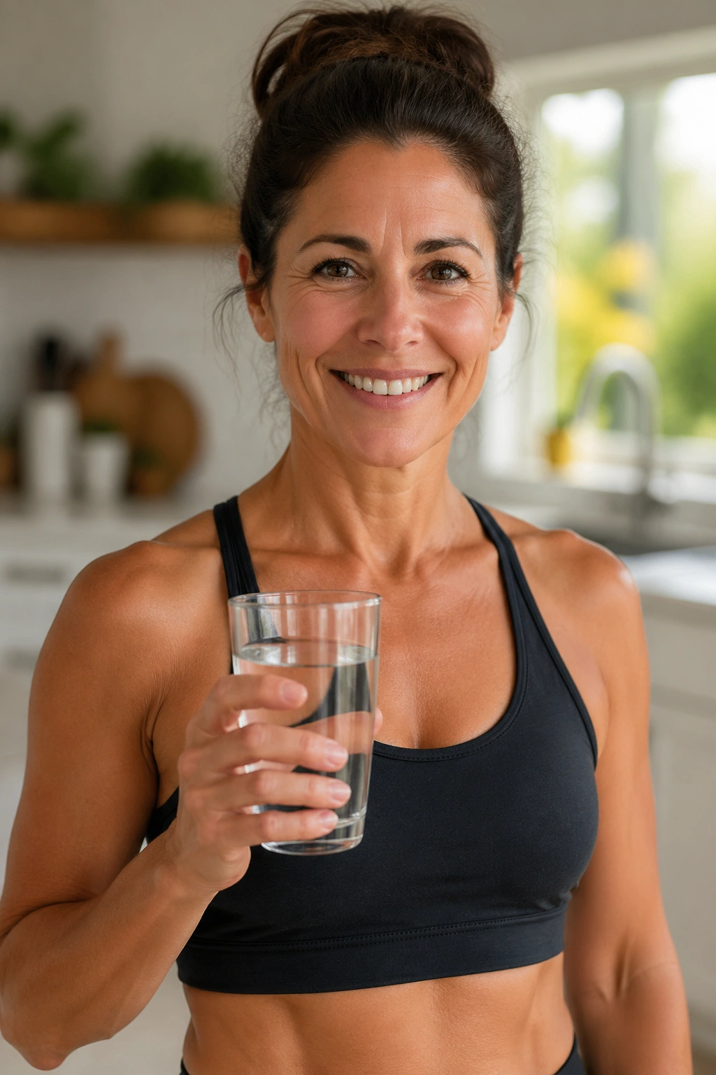 Woman in kitchen holding water glass to reduce alcohol and sugary drinks