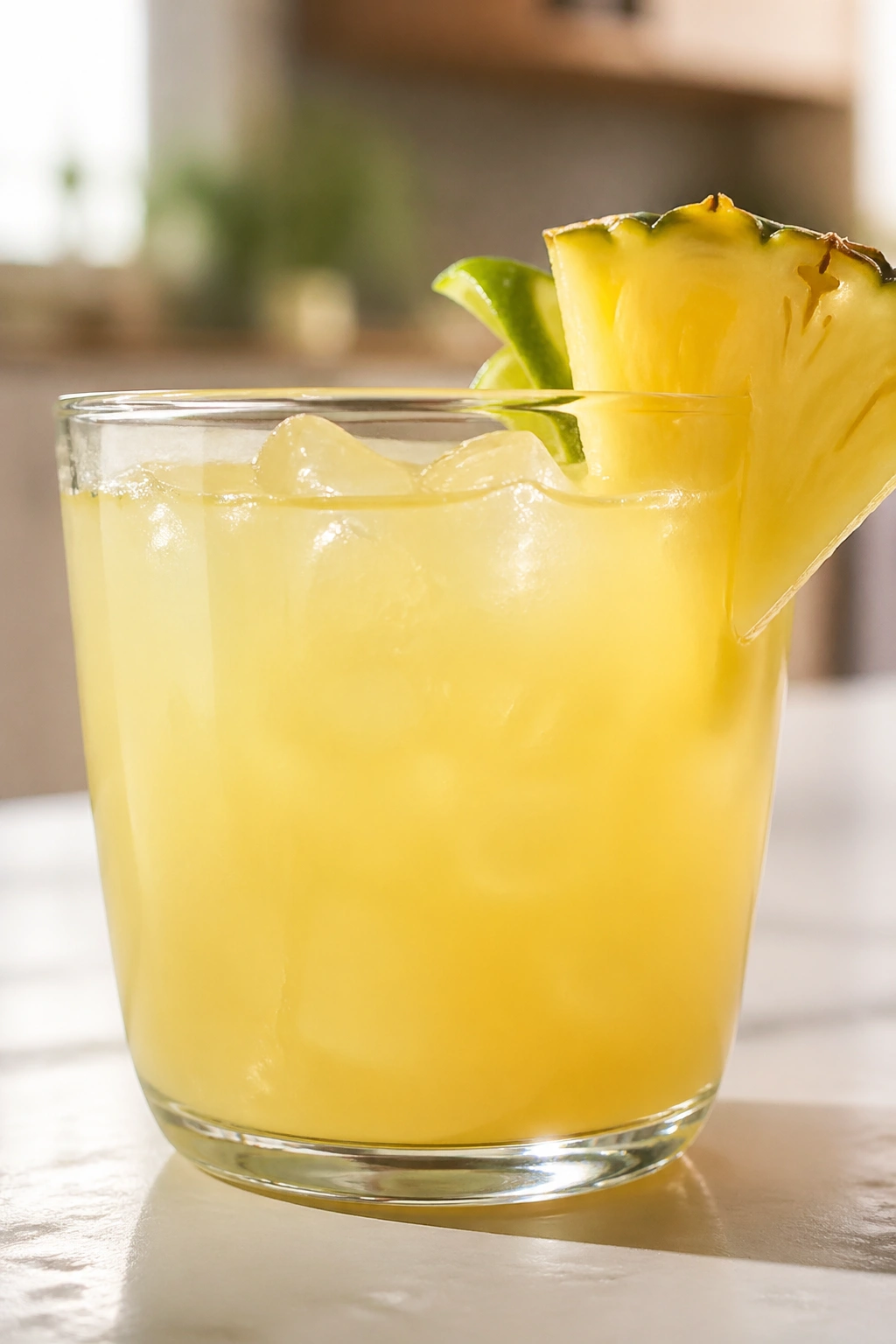 Glass of pineapple coconut hydration blend on a bright kitchen counter.