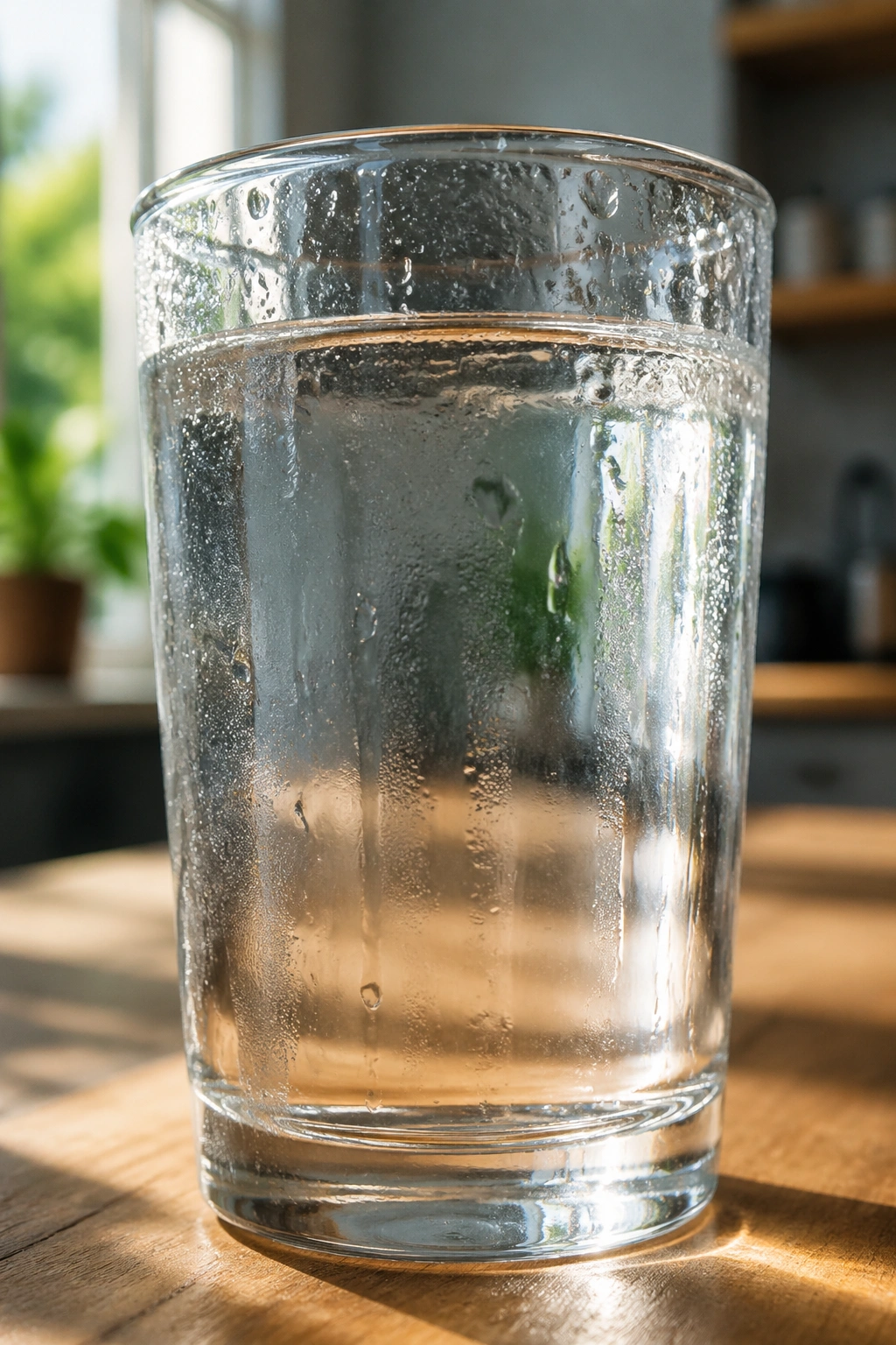Close-up of a glass of water with condensation on a kitchen counter