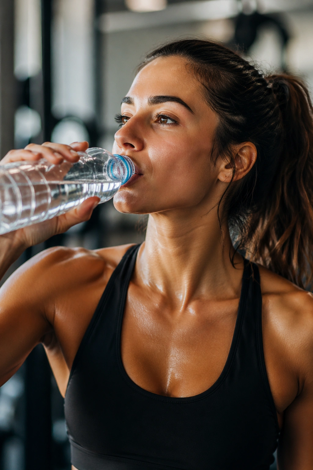 Person drinking water before meals in a gym setting, emphasizing hydration.