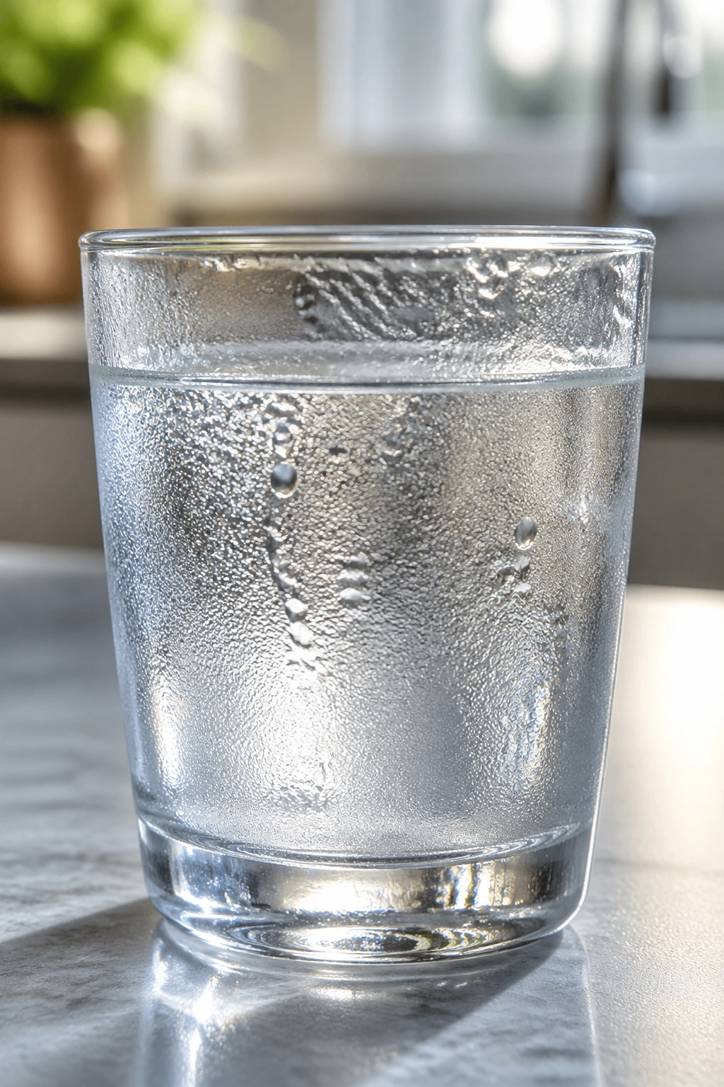 Condensation on a glass of water on a kitchen counter