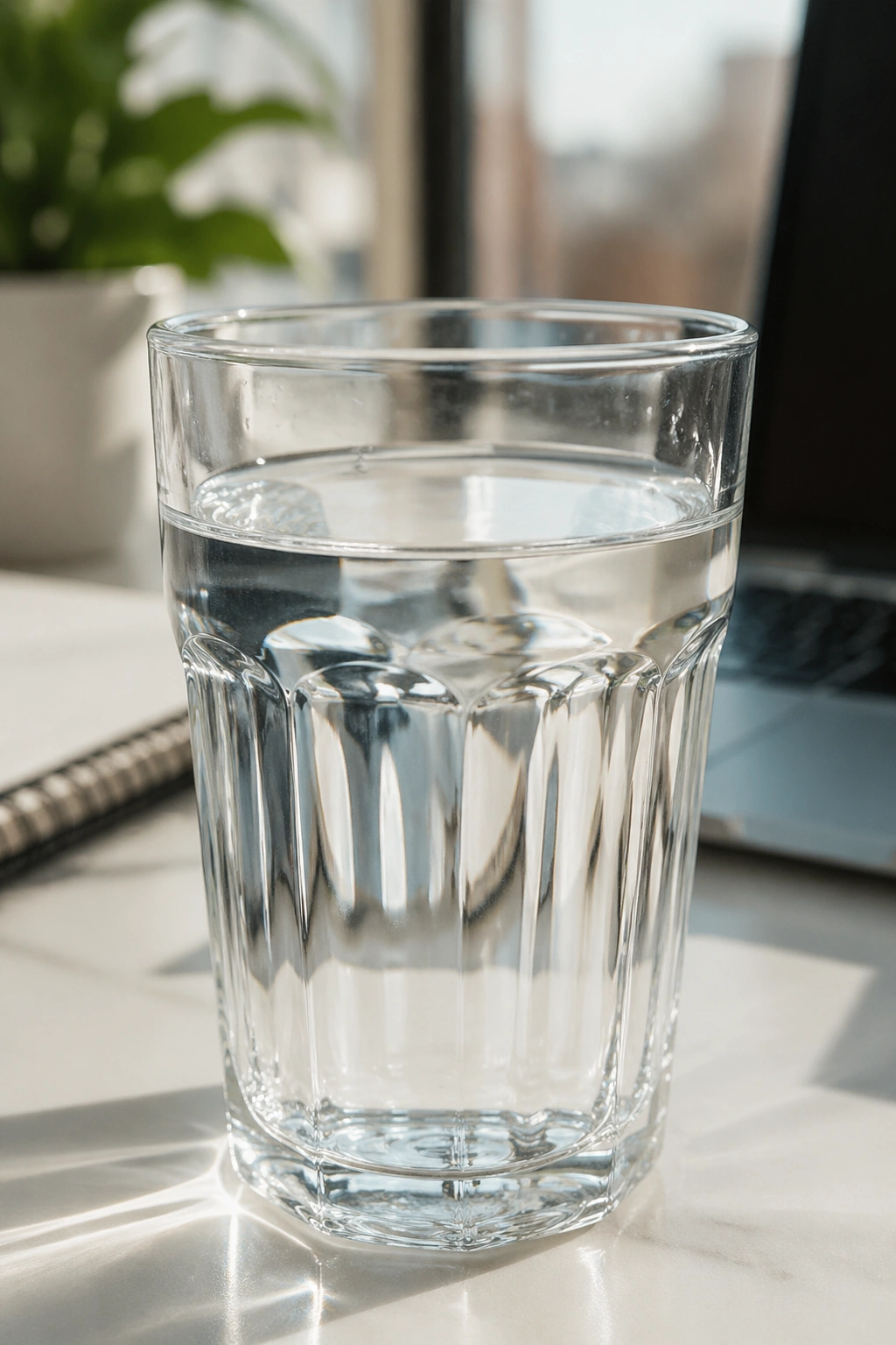 Close-up of a glass of water on a desk illustrating hydration habit