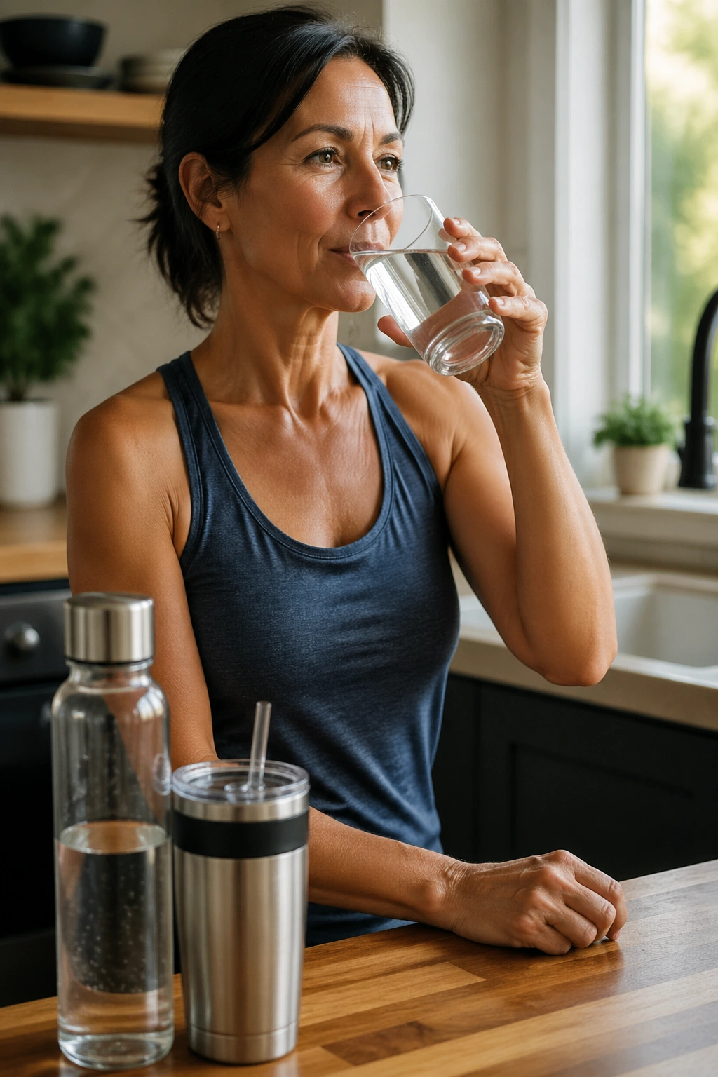 Woman drinking water at kitchen counter to stay hydrated