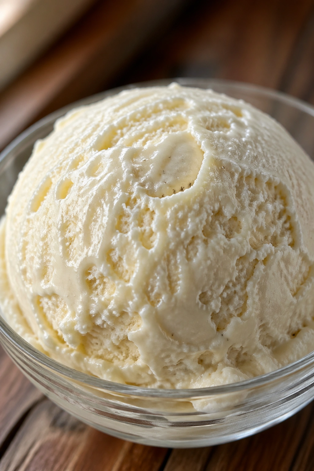 Close-up of a vanilla ice cream scoop in a glass bowl on a wooden counter