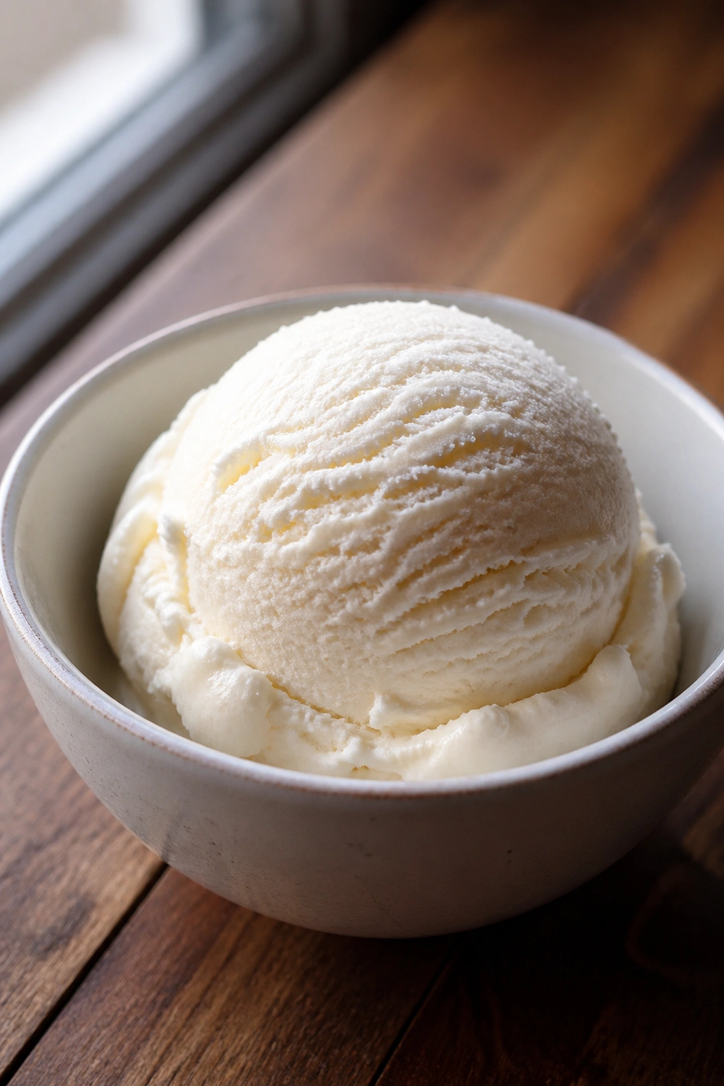 Close-up scoop of vanilla ice cream in bowl on wooden table