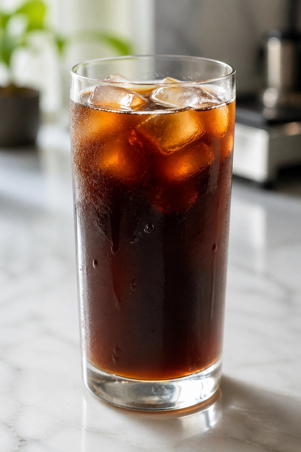 Tall glass of iced Americano with ice on a kitchen counter