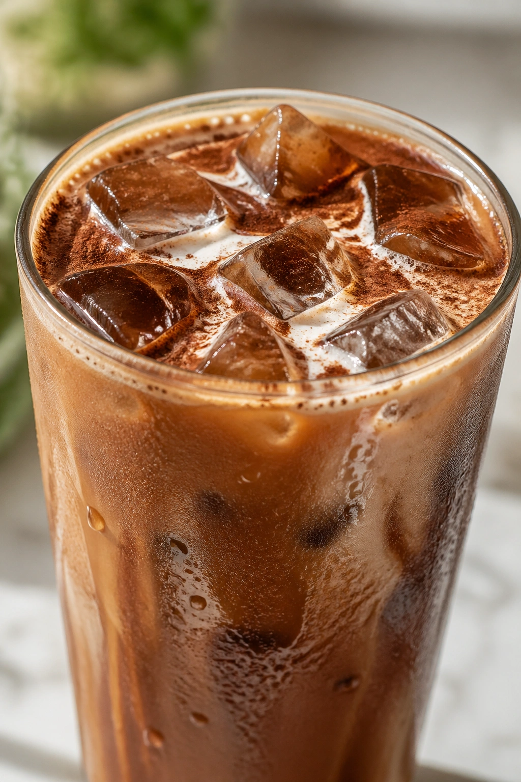 Close-up of iced cocoa coffee in a glass on a bright kitchen table.
