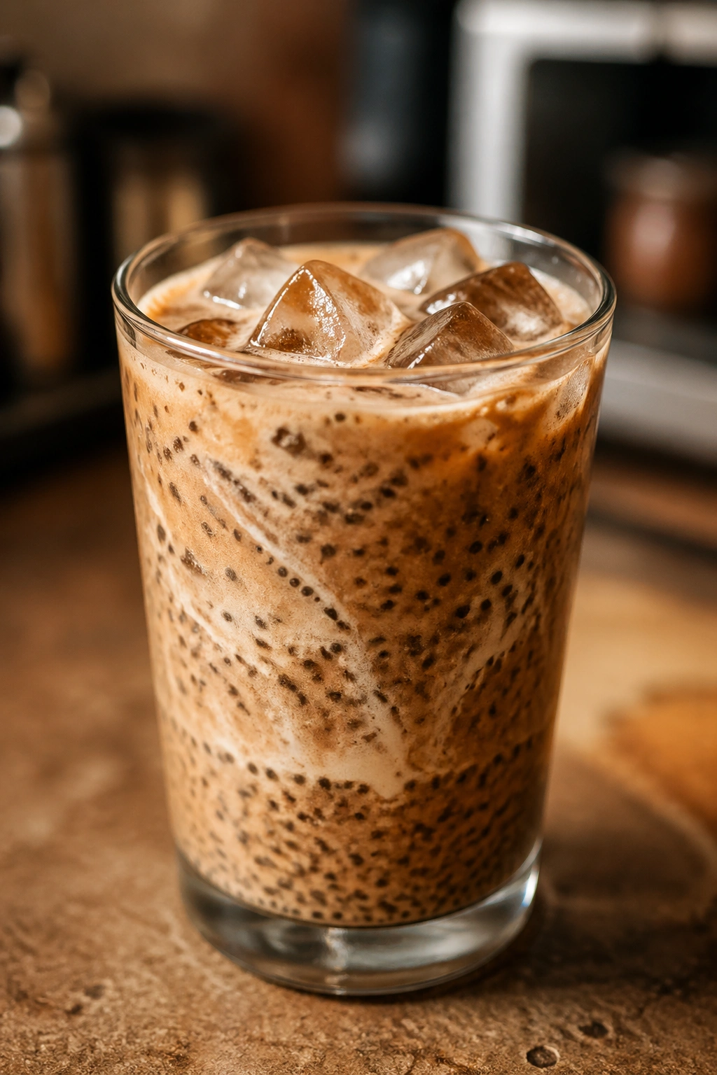 Iced coffee chia shake in glass with ice and cream on a cafe kitchen counter