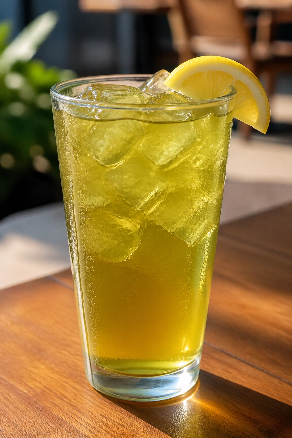 Tall glass of iced lemon green tea with ice and lemon on a sunlit table.